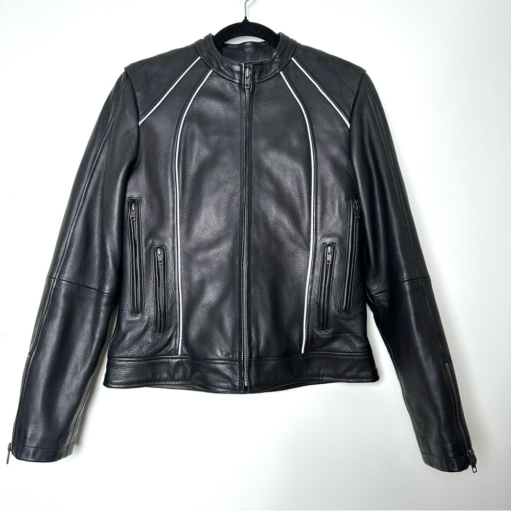 Women's Black Leather Jacket with White Piping